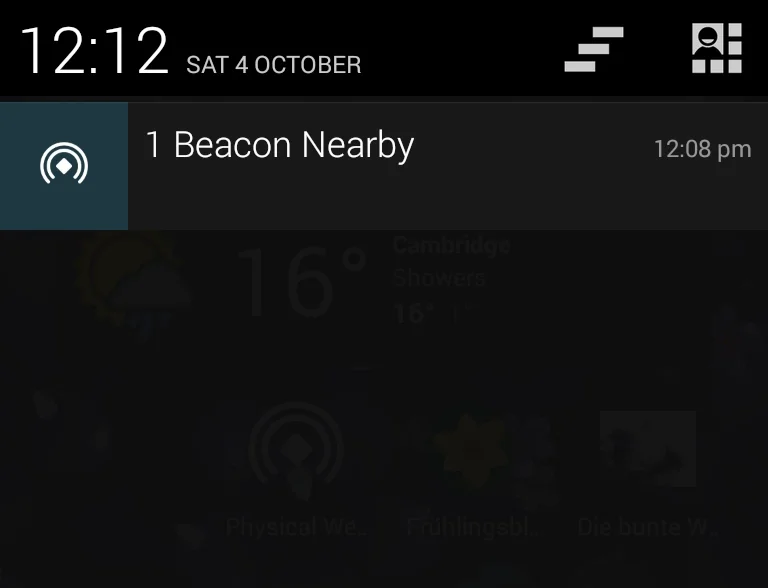 Android lock screen with a notification reading 1 Beacon Nearby