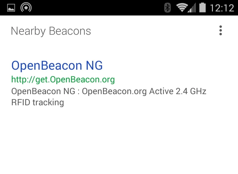 Phone screen listing nearby beacons with the entry OpenBeacon NG and the address get.OpenBeacon.org