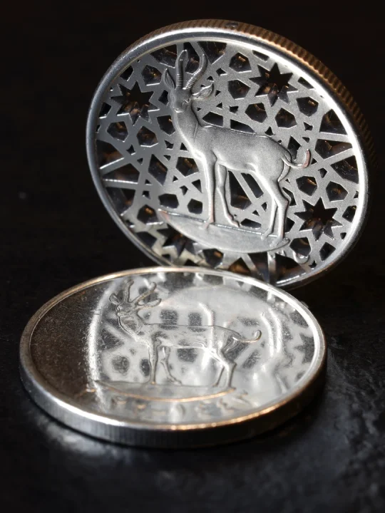 Two UAE 25 fils coins on a dark surface: the rear one has its background micromachined into a geometric star lattice around the gazelle, the front one is untouched